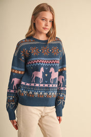 Equestrian Almanac Horse Fair Isle Sweater in Teal Pink, photo 3