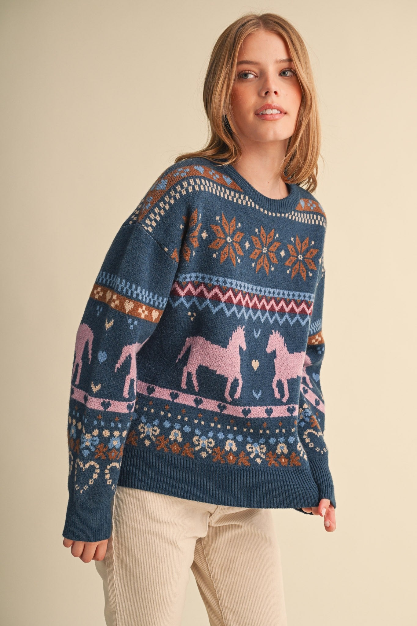 Equestrian Almanac Horse Fair Isle Sweater in Teal Pink, photo 4