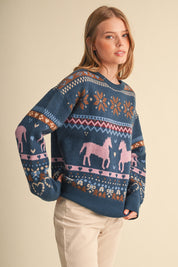 Equestrian Almanac Horse Fair Isle Sweater in Teal Pink, photo 5