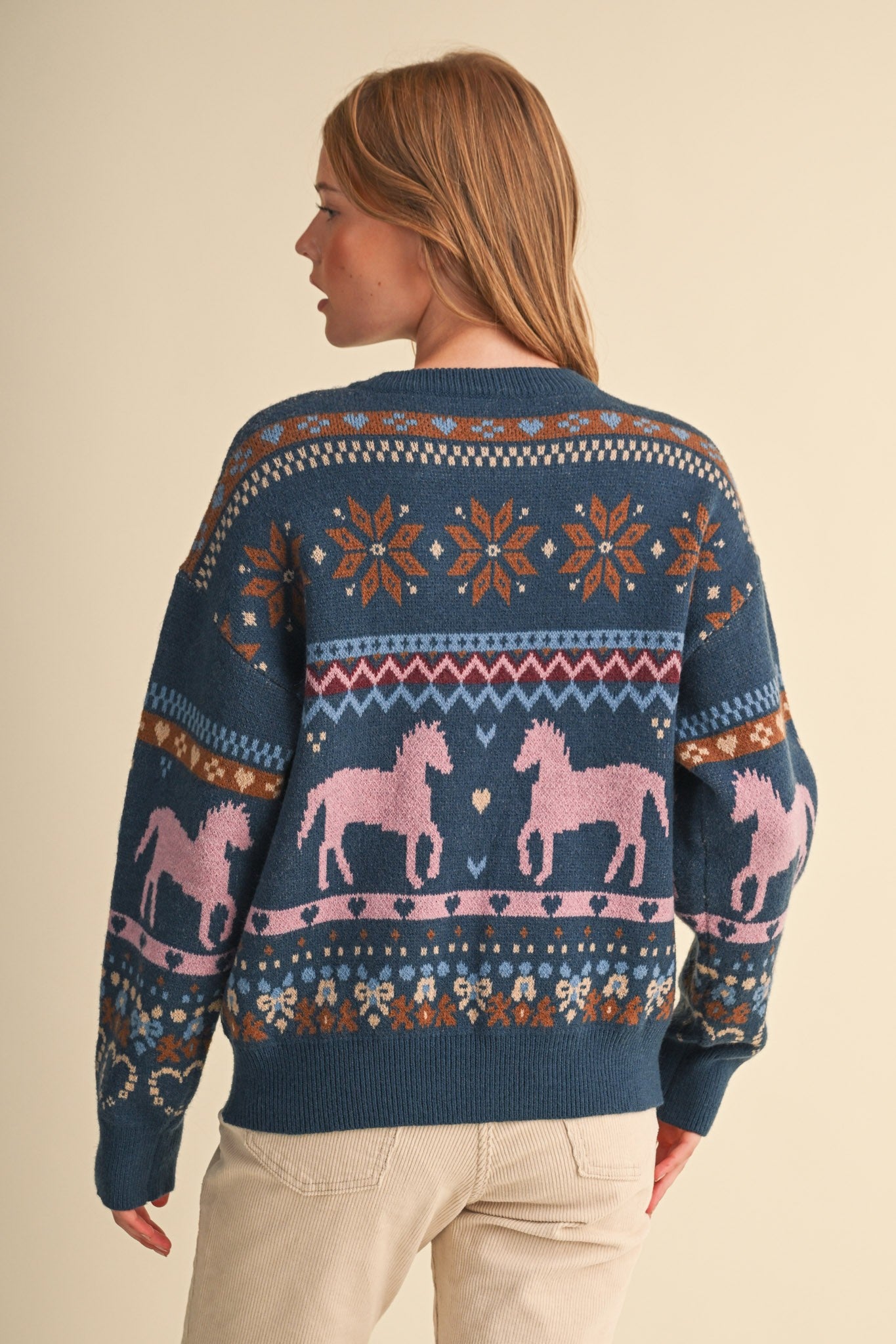 Equestrian Almanac Horse Fair Isle Sweater in Teal Pink, photo 6