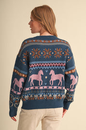 Equestrian Almanac Horse Fair Isle Sweater in Teal Pink, photo 6