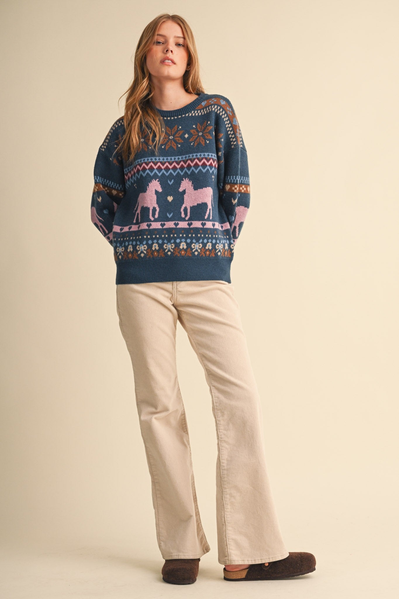 Equestrian Almanac Horse Fair Isle Sweater in Teal Pink, photo 8