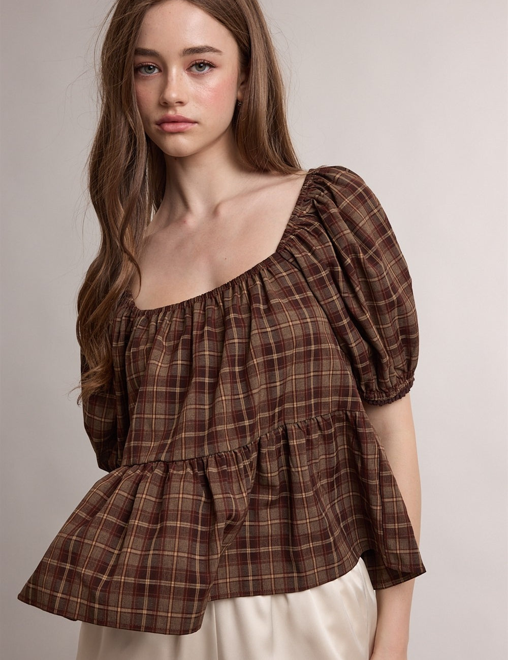 Esme Plaid Peplum Blouse - Espresso