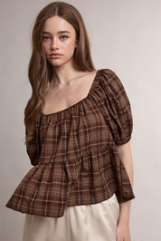 Esme Plaid Peplum Blouse - Espresso