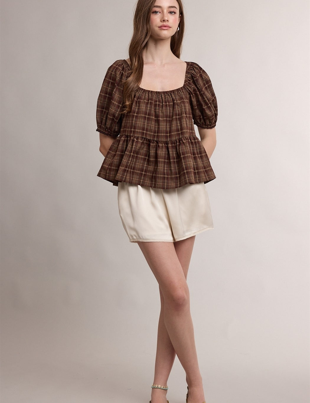 Esme Plaid Peplum Blouse - Espresso
