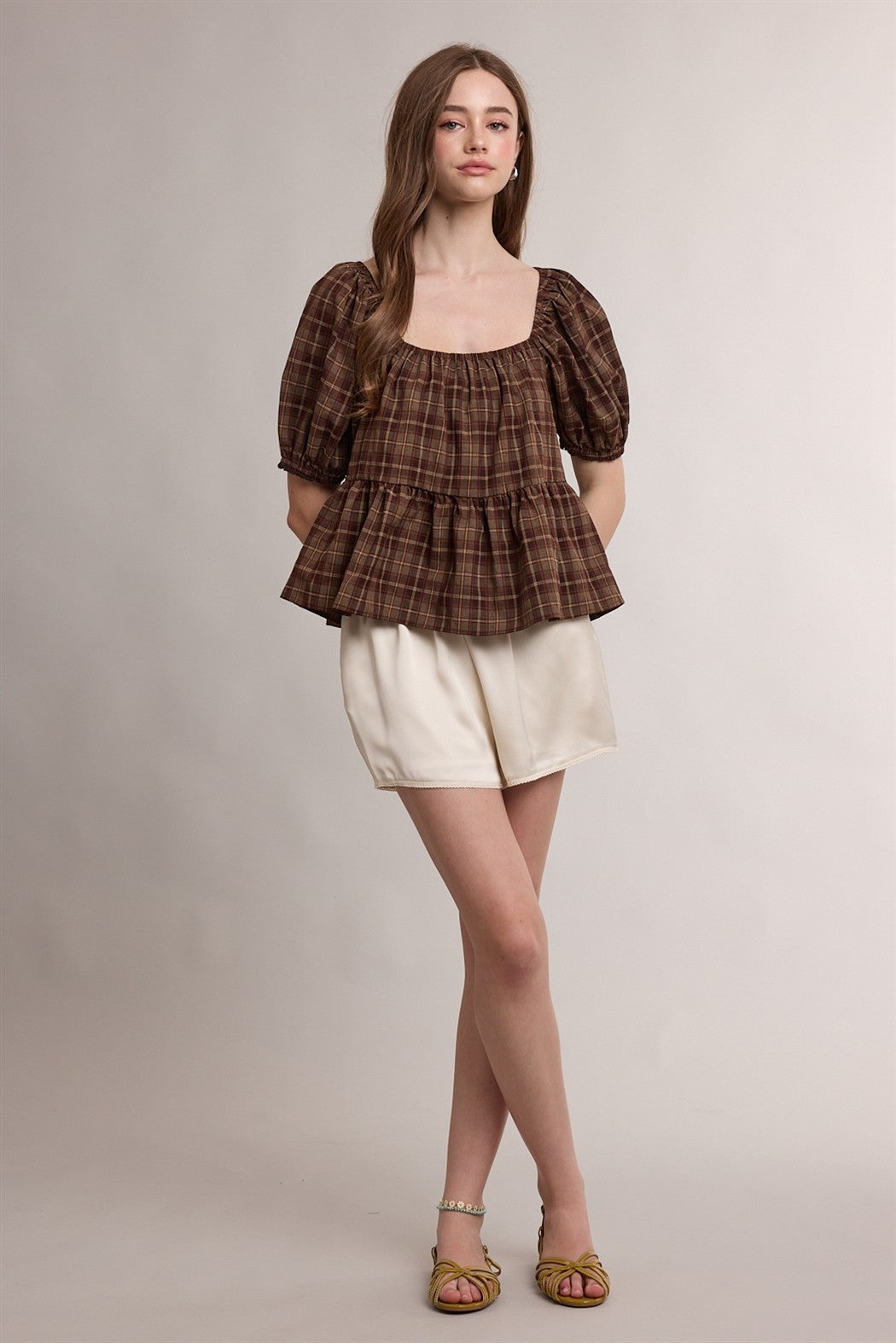 Esme Plaid Peplum Blouse - Espresso