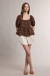 Esme Plaid Peplum Blouse - Espresso