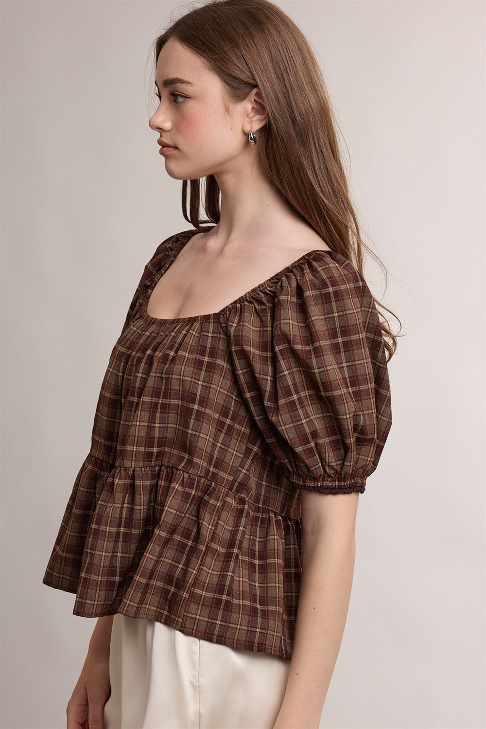 Esme Plaid Peplum Blouse - Espresso