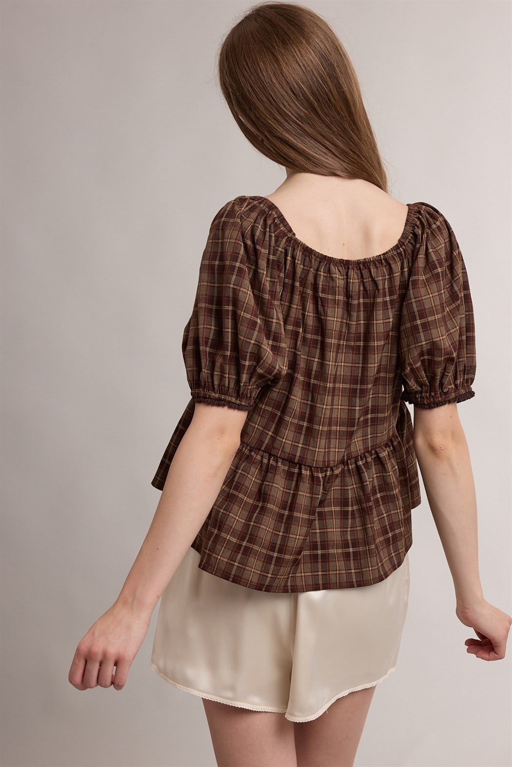 Esme Plaid Peplum Blouse - Espresso