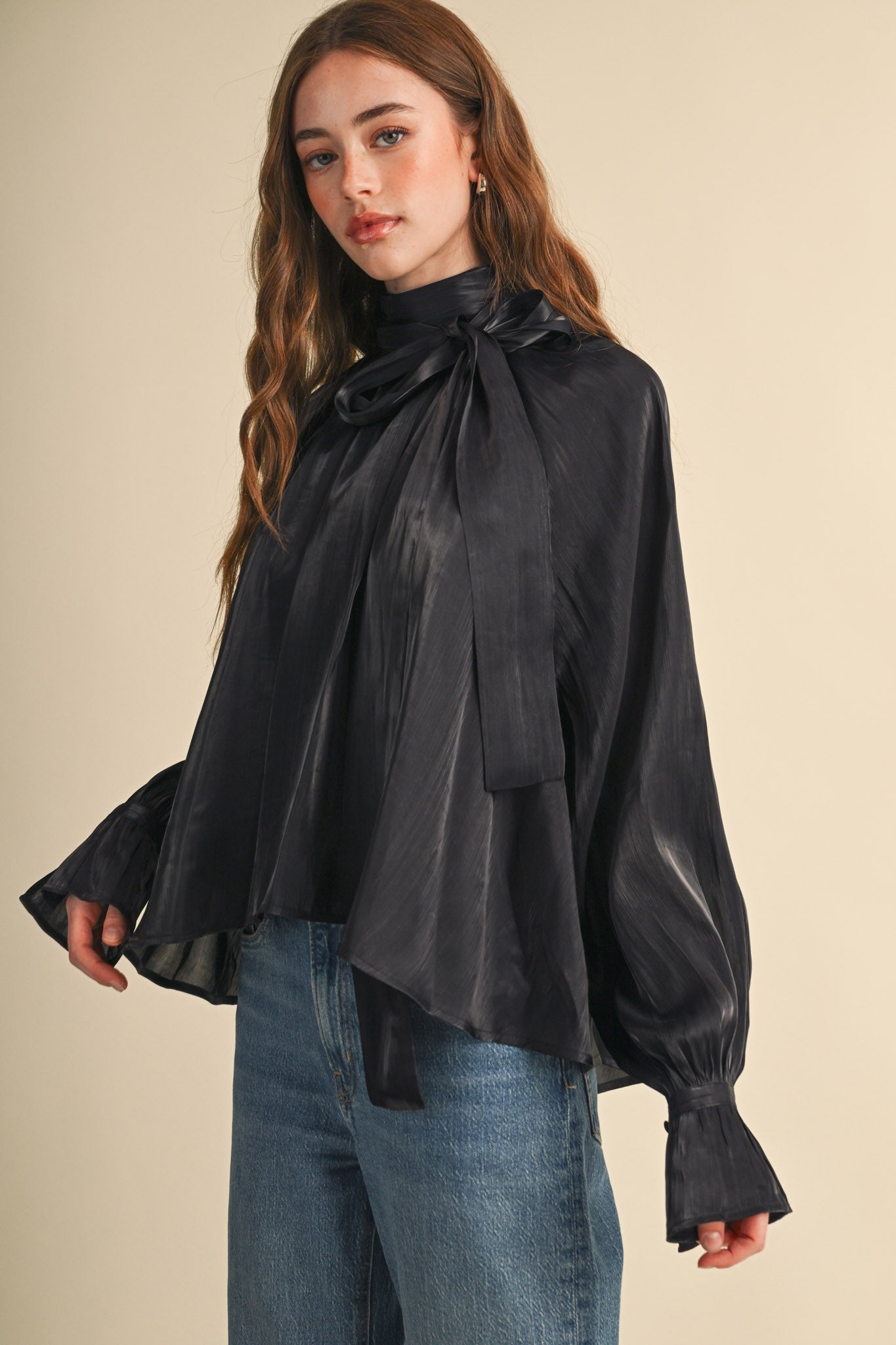 Evening Post Satin Tie Back Blouse in Black, photo 1
