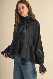 Evening Post Satin Tie Back Blouse in Black, photo 1