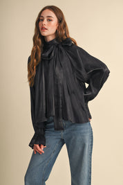 Evening Post Satin Tie Back Blouse in Black, photo 2