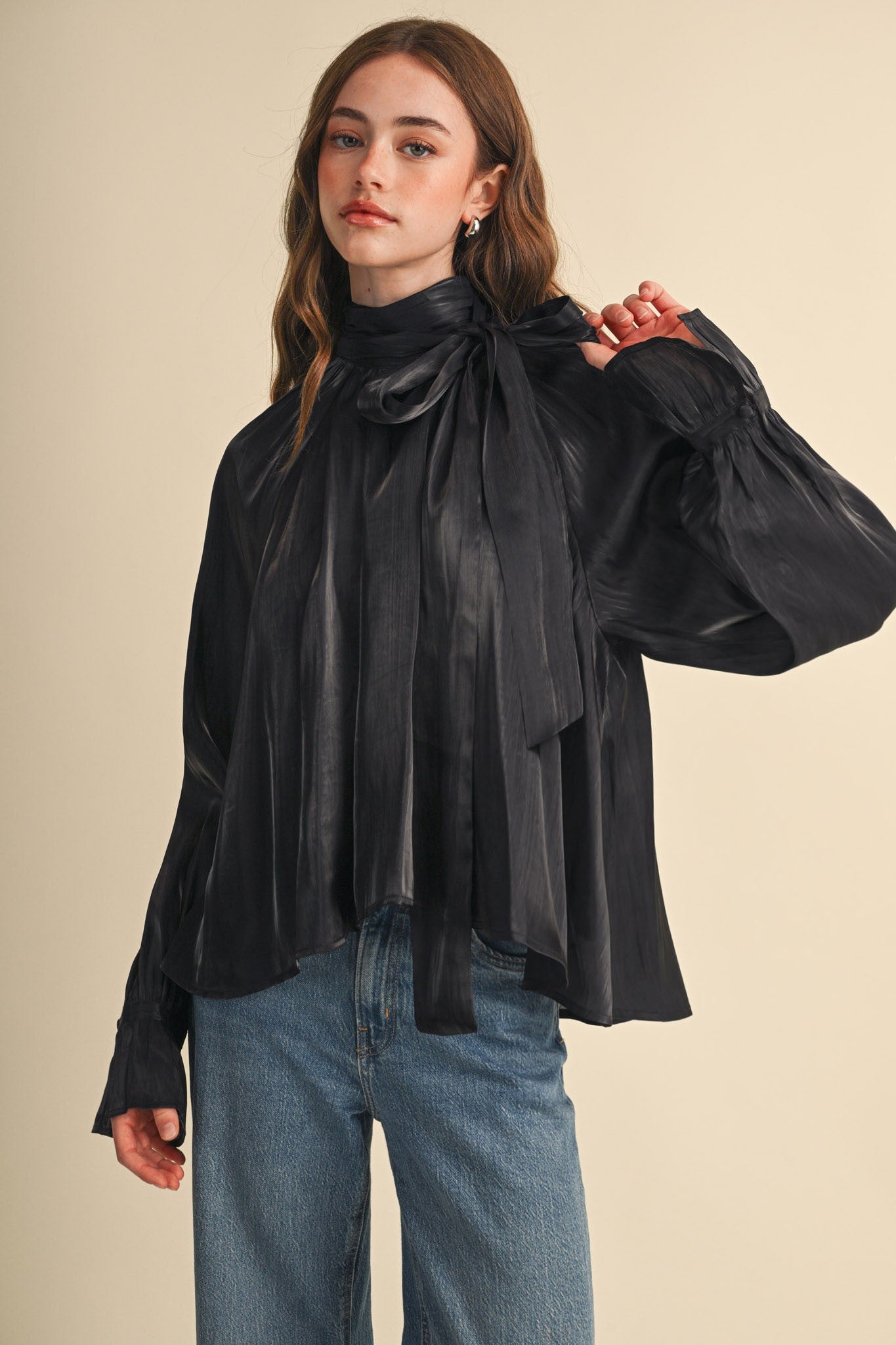 Evening Post Satin Tie Back Blouse in Black, photo 3