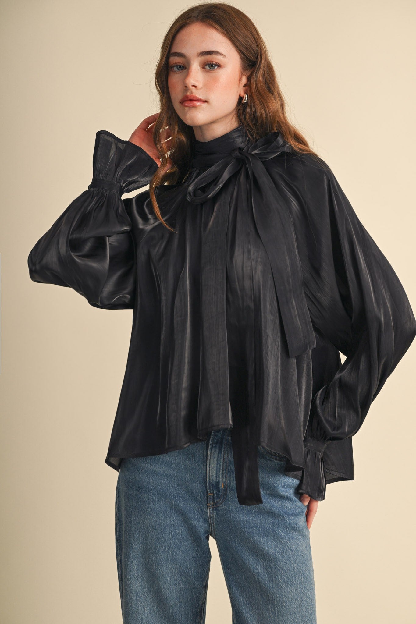 Evening Post Satin Tie Back Blouse in Black, photo 4