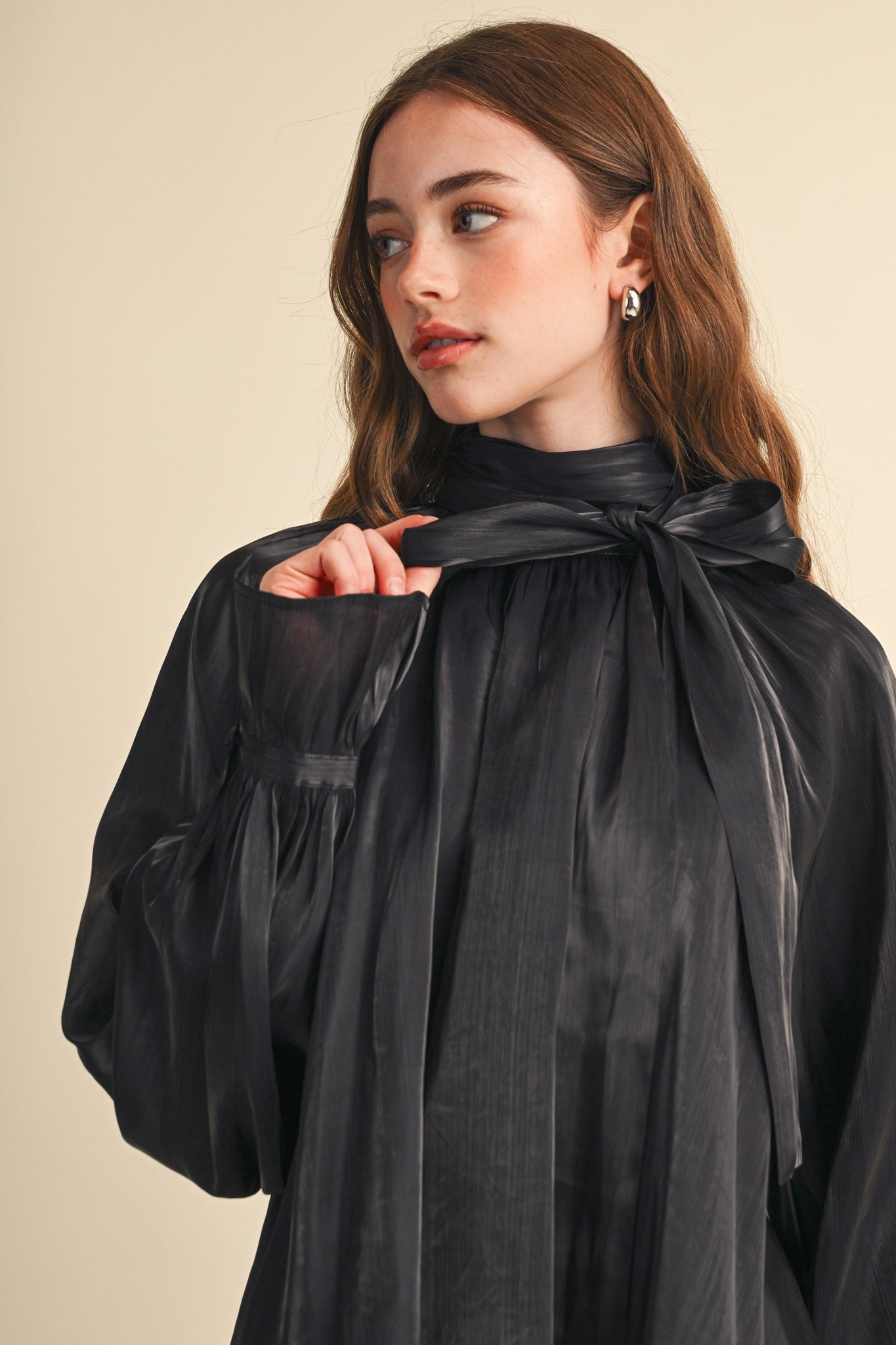 Evening Post Satin Tie Back Blouse in Black, photo 5