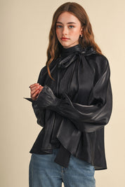 Evening Post Satin Tie Back Blouse in Black, photo 7