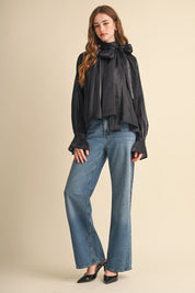 Evening Post Satin Tie Back Blouse in Black, photo 10