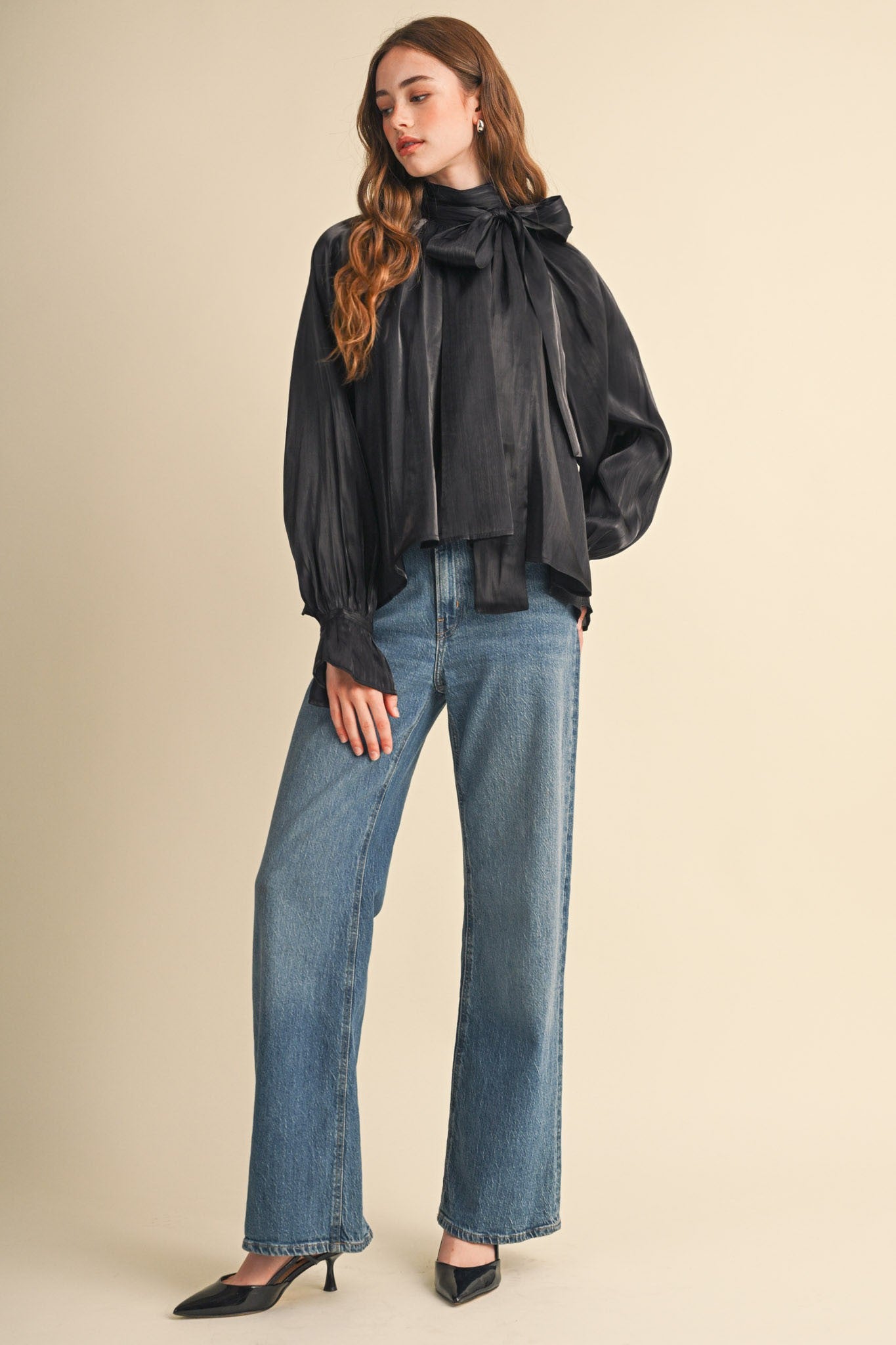 Evening Post Satin Tie Back Blouse in Black, photo 12