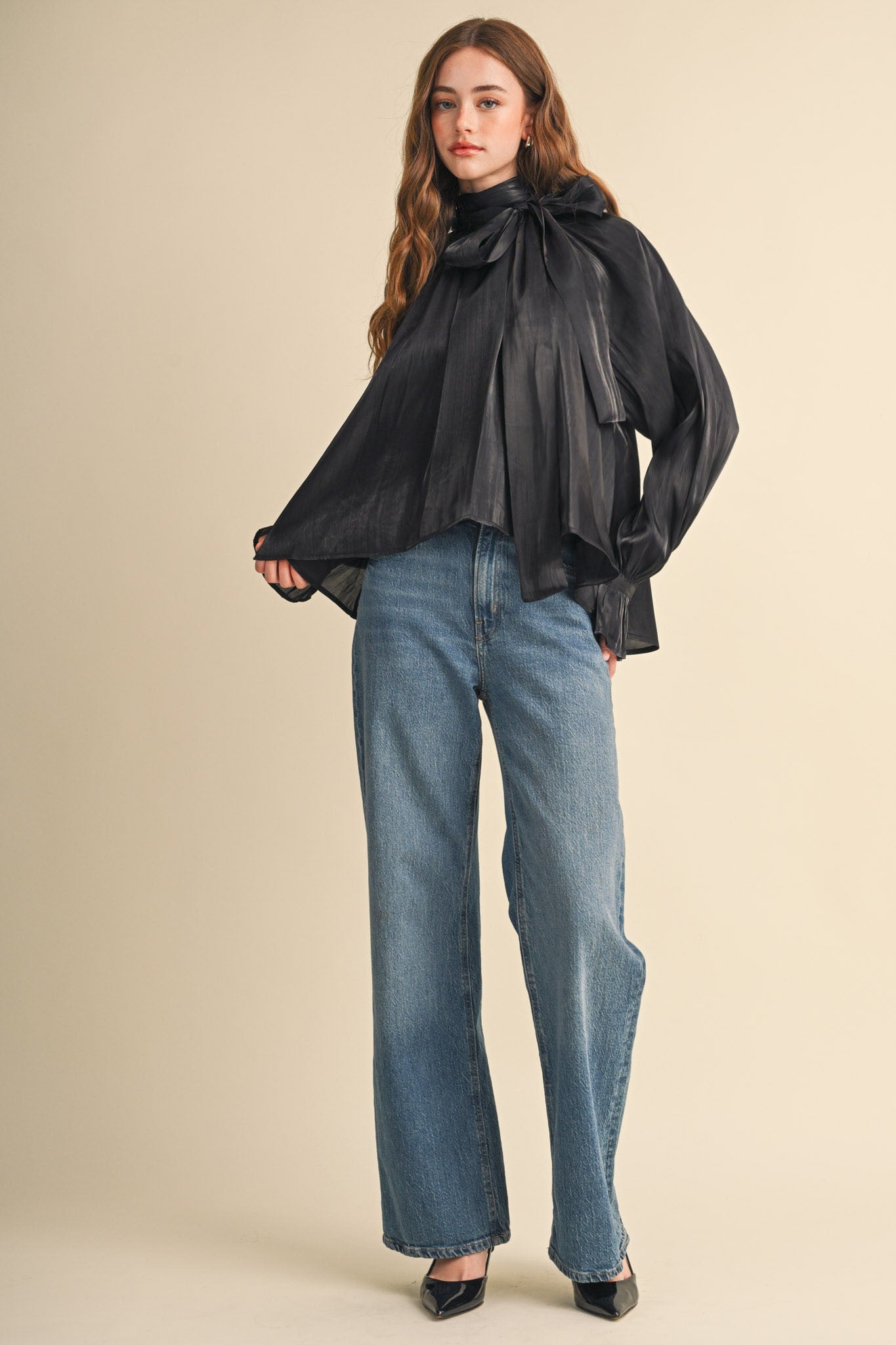 Evening Post Satin Tie Back Blouse in Black, photo 13