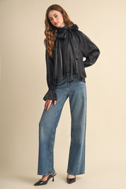 Evening Post Satin Tie Back Blouse in Black, photo 14