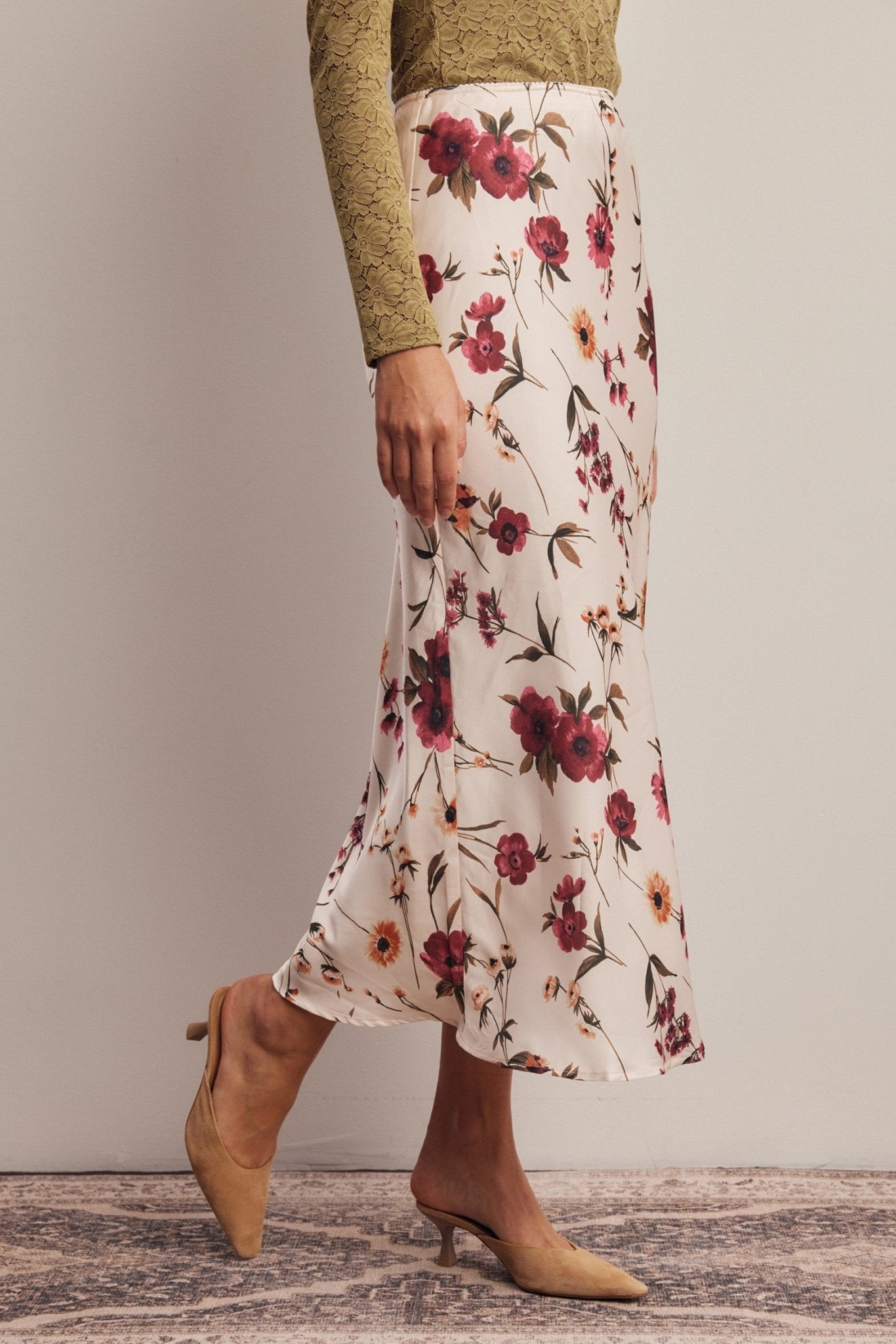 Evensong Floral Satin Midi Skirt - Westly