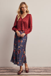 Evensong Floral Satin Midi Skirt - Westly