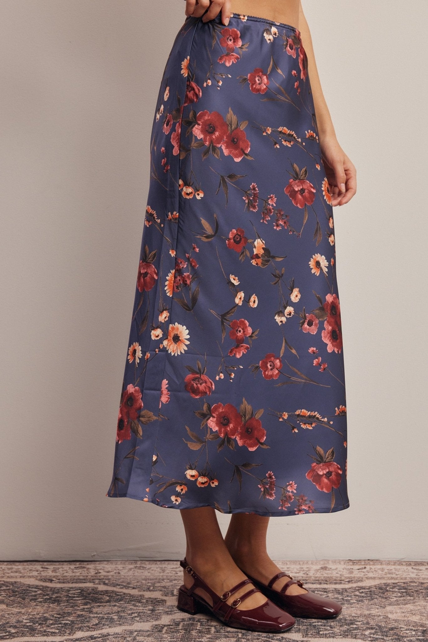 Evensong Floral Satin Midi Skirt - Westly