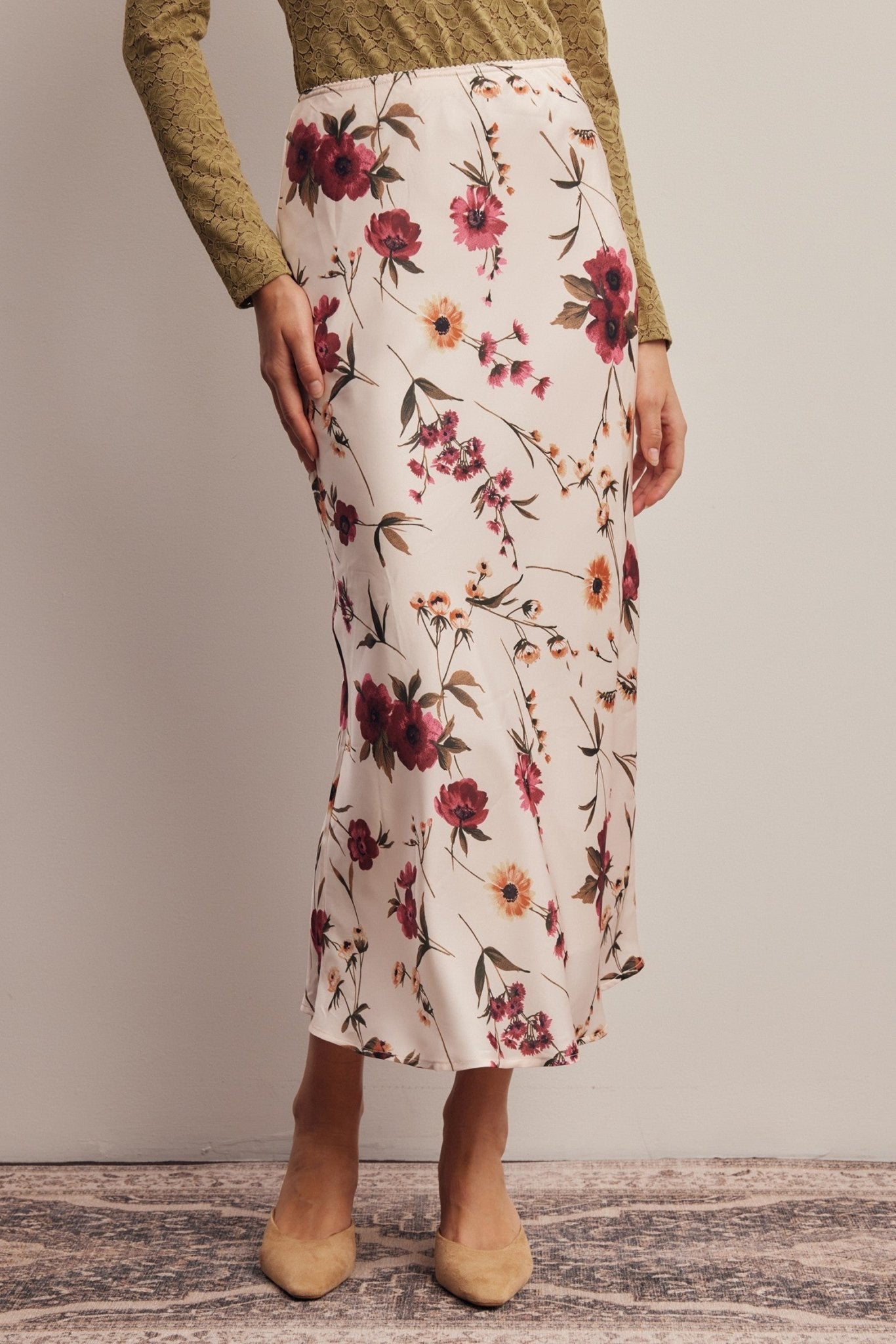 Evensong Floral Satin Midi Skirt - Westly