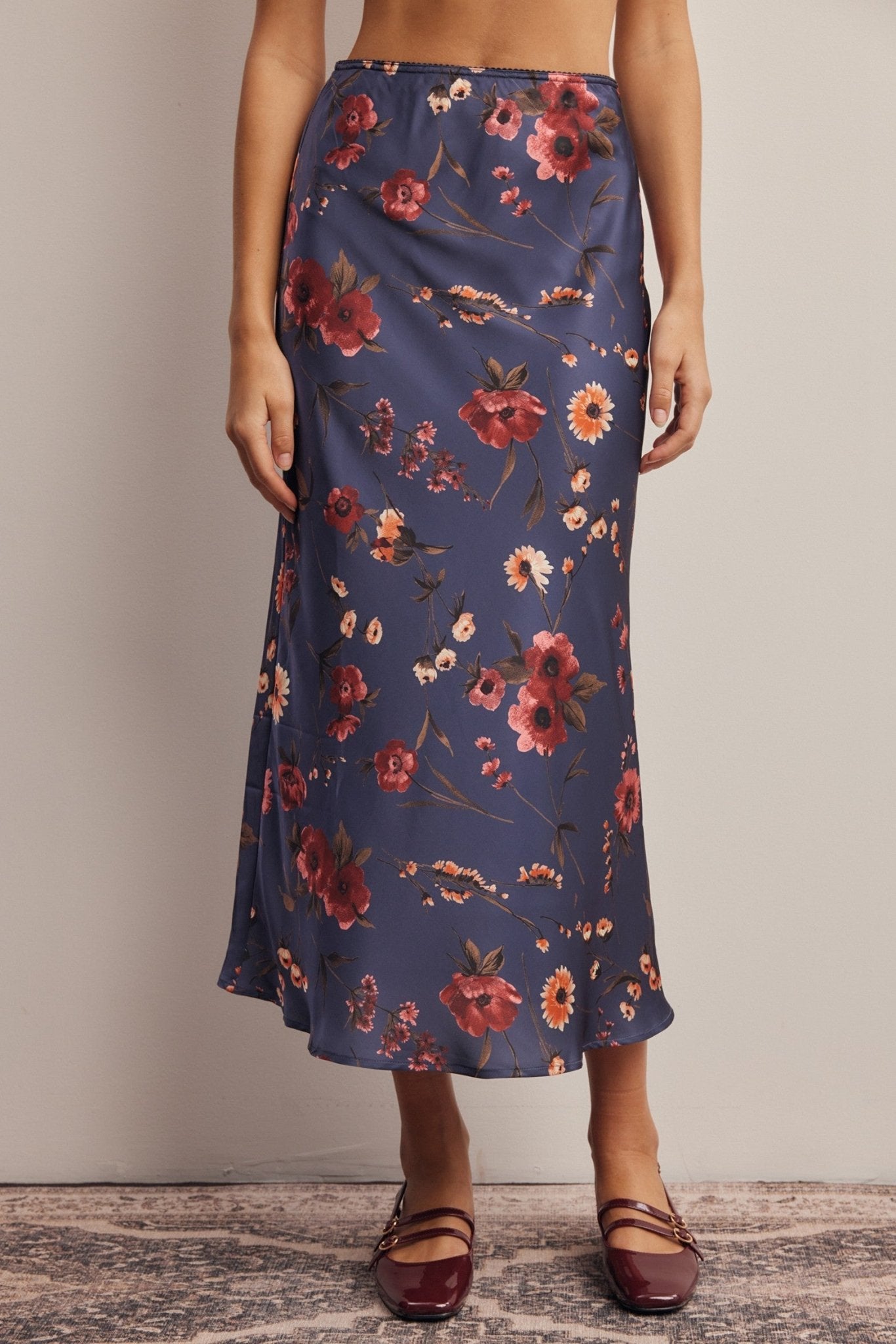 Evensong Floral Satin Midi Skirt - Westly