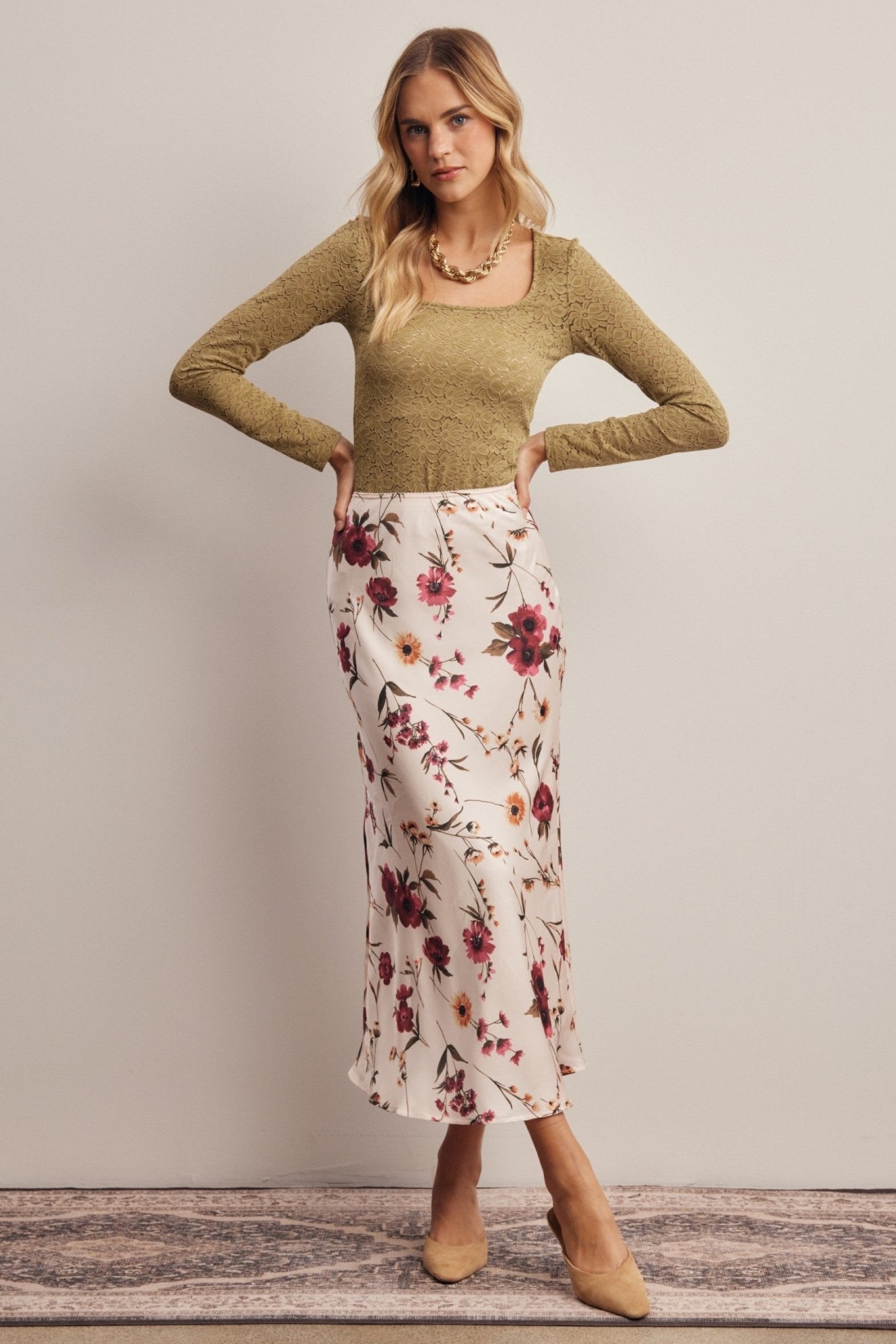 Evensong Floral Satin Midi Skirt - Westly