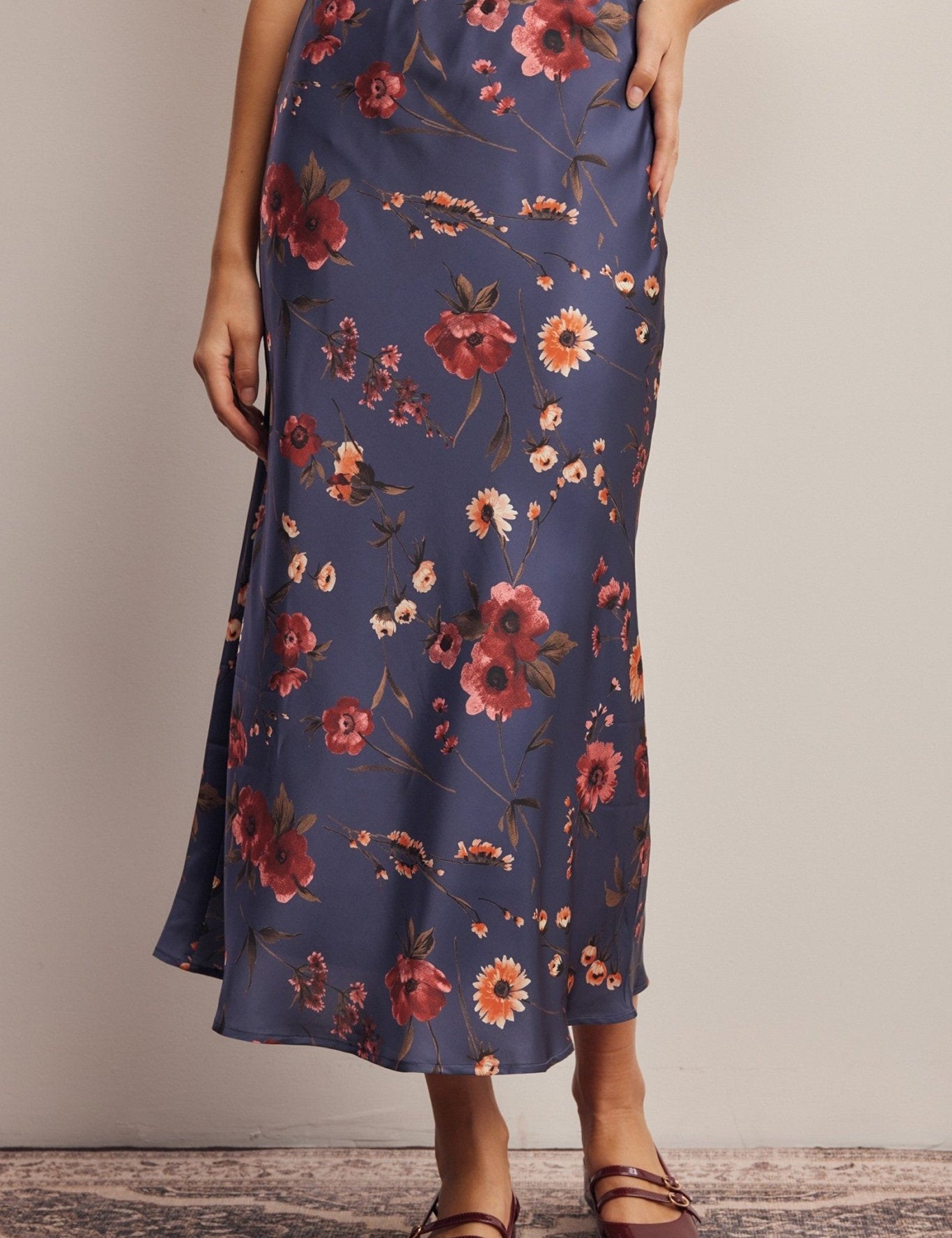 Evensong Floral Satin Midi Skirt - Westly
