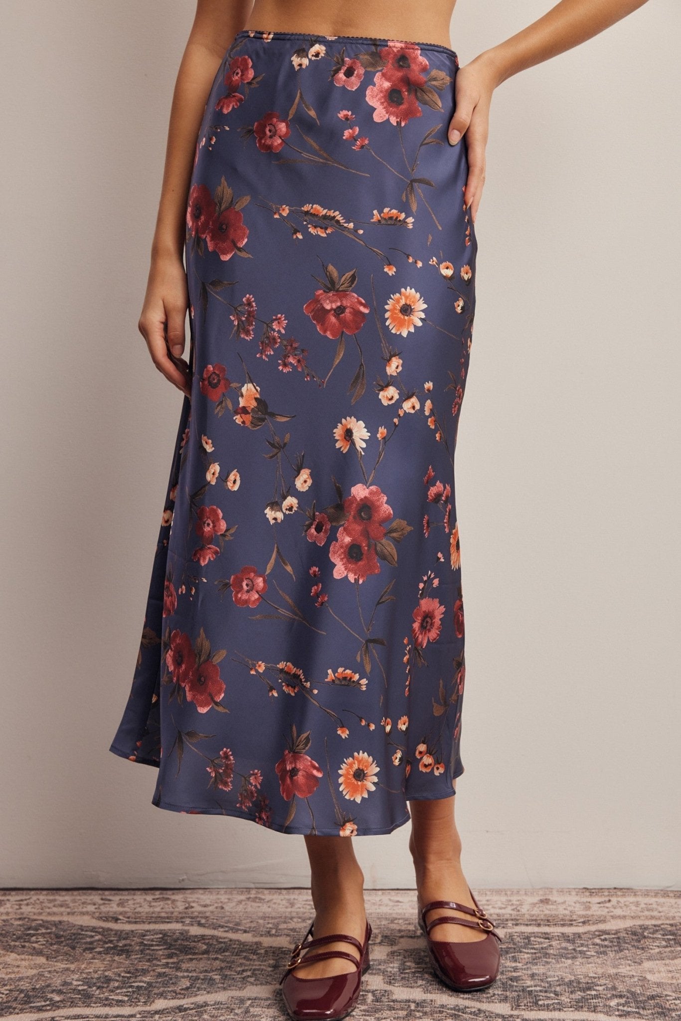 Evensong Floral Satin Midi Skirt - Westly