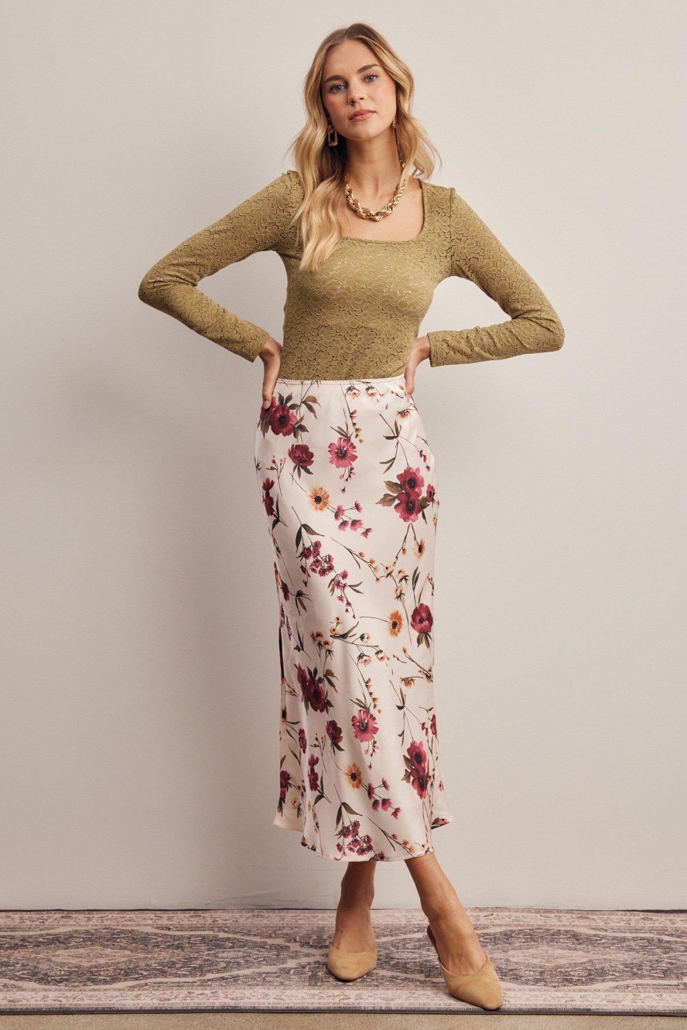 Evensong Floral Satin Midi Skirt - Westly