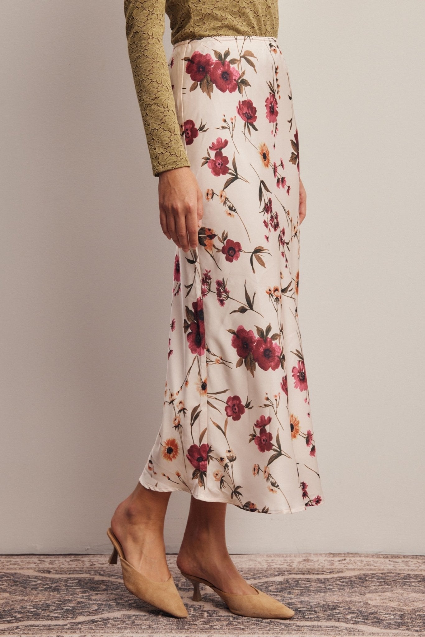 Evensong Floral Satin Midi Skirt - Westly