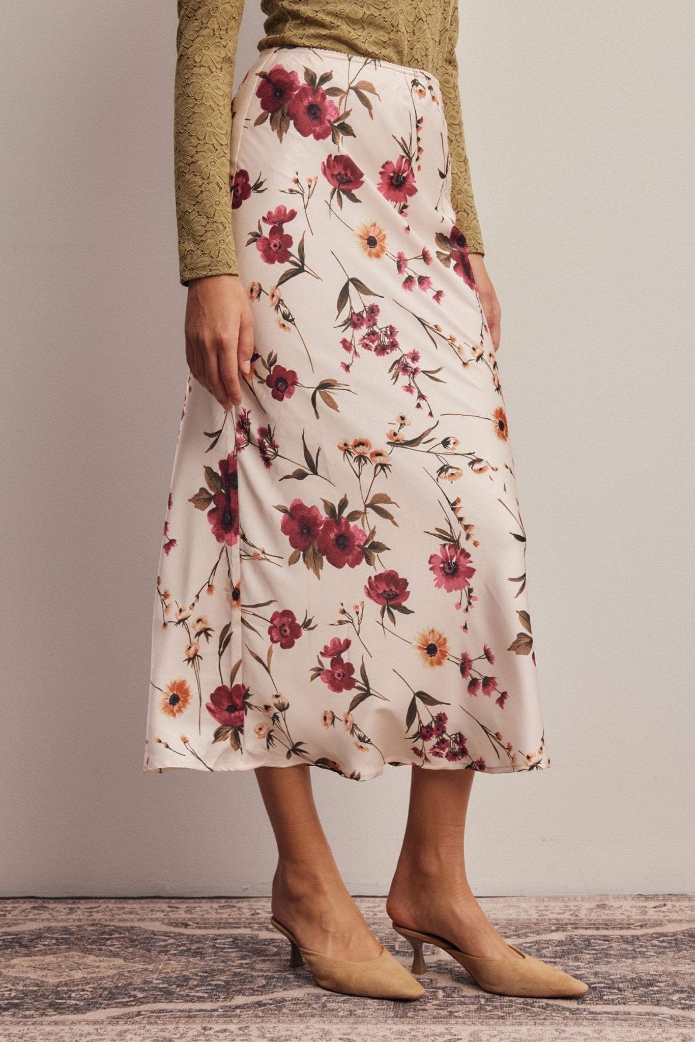 Evensong Floral Satin Midi Skirt - Westly