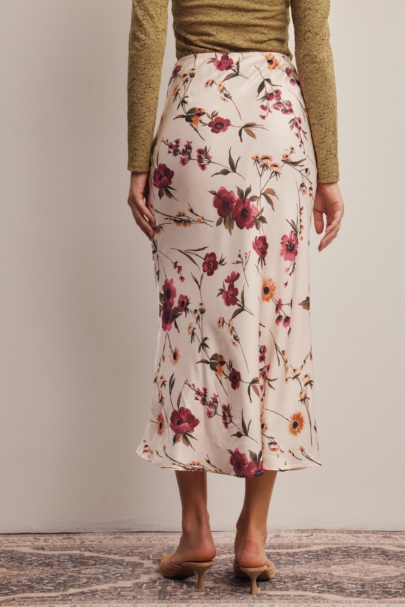 Evensong Floral Satin Midi Skirt - Westly