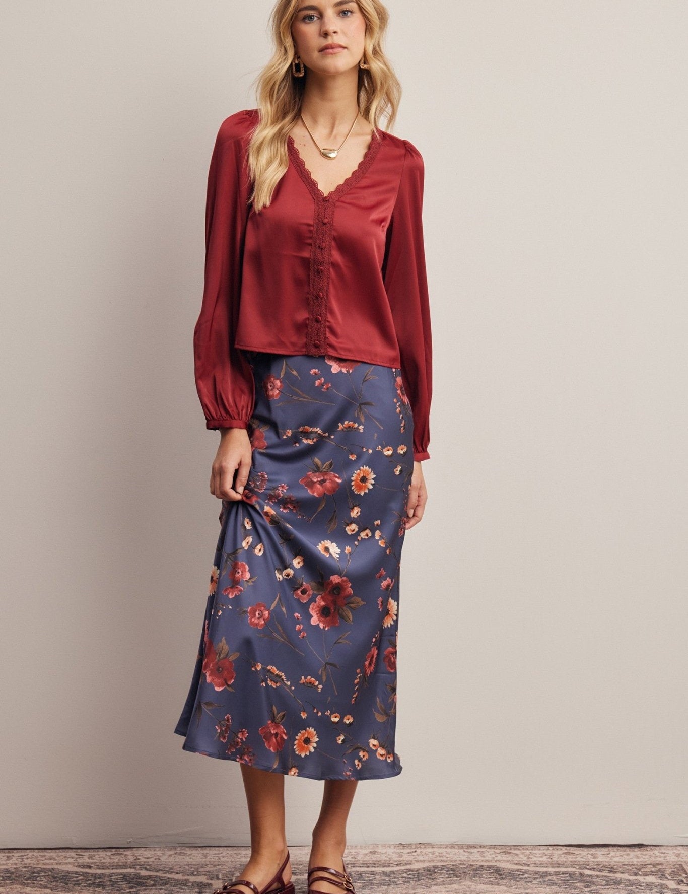 Evensong Floral Satin Midi Skirt - Westly