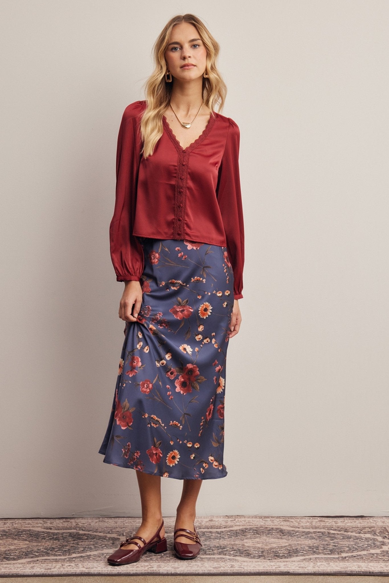 Evensong Floral Satin Midi Skirt - Westly