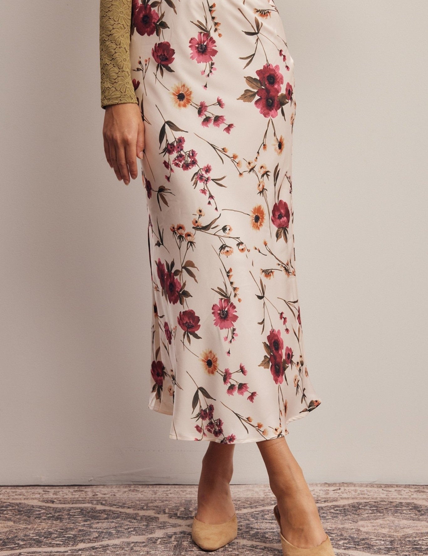 Evensong Floral Satin Midi Skirt - Westly