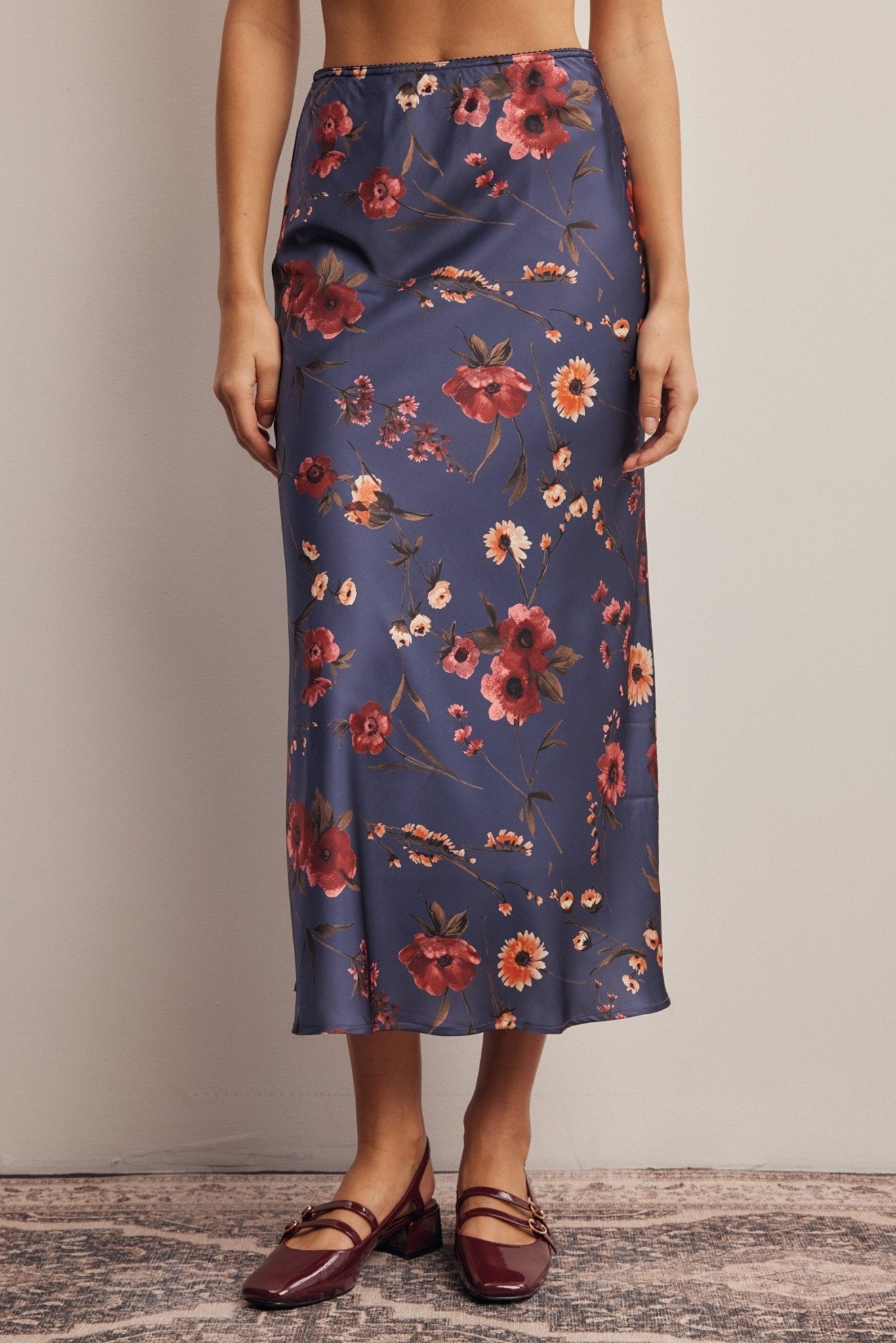 Evensong Floral Satin Midi Skirt - Westly