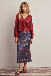 Evensong Floral Satin Midi Skirt - Westly
