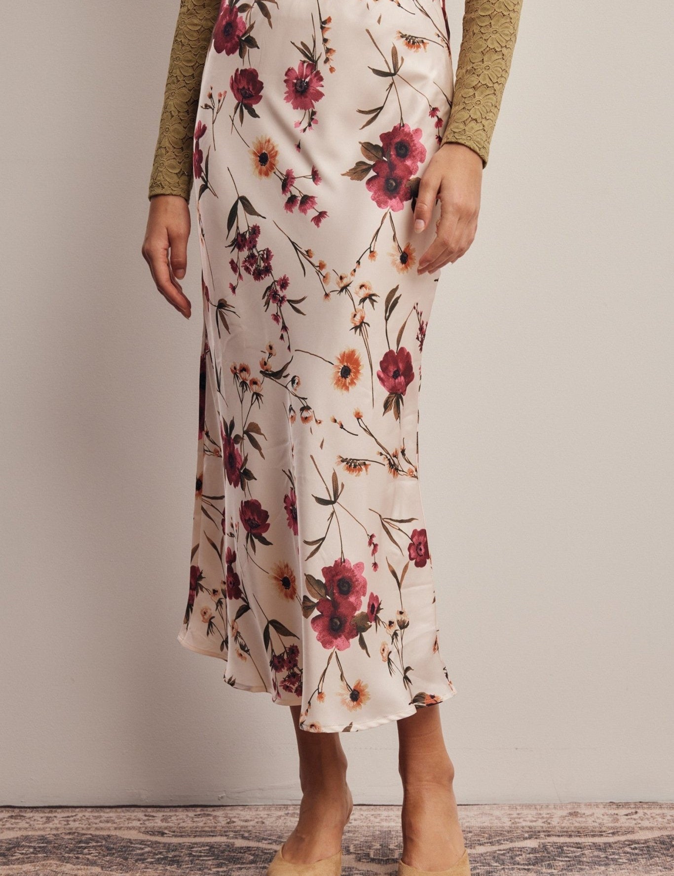 Evensong Floral Satin Midi Skirt - Westly