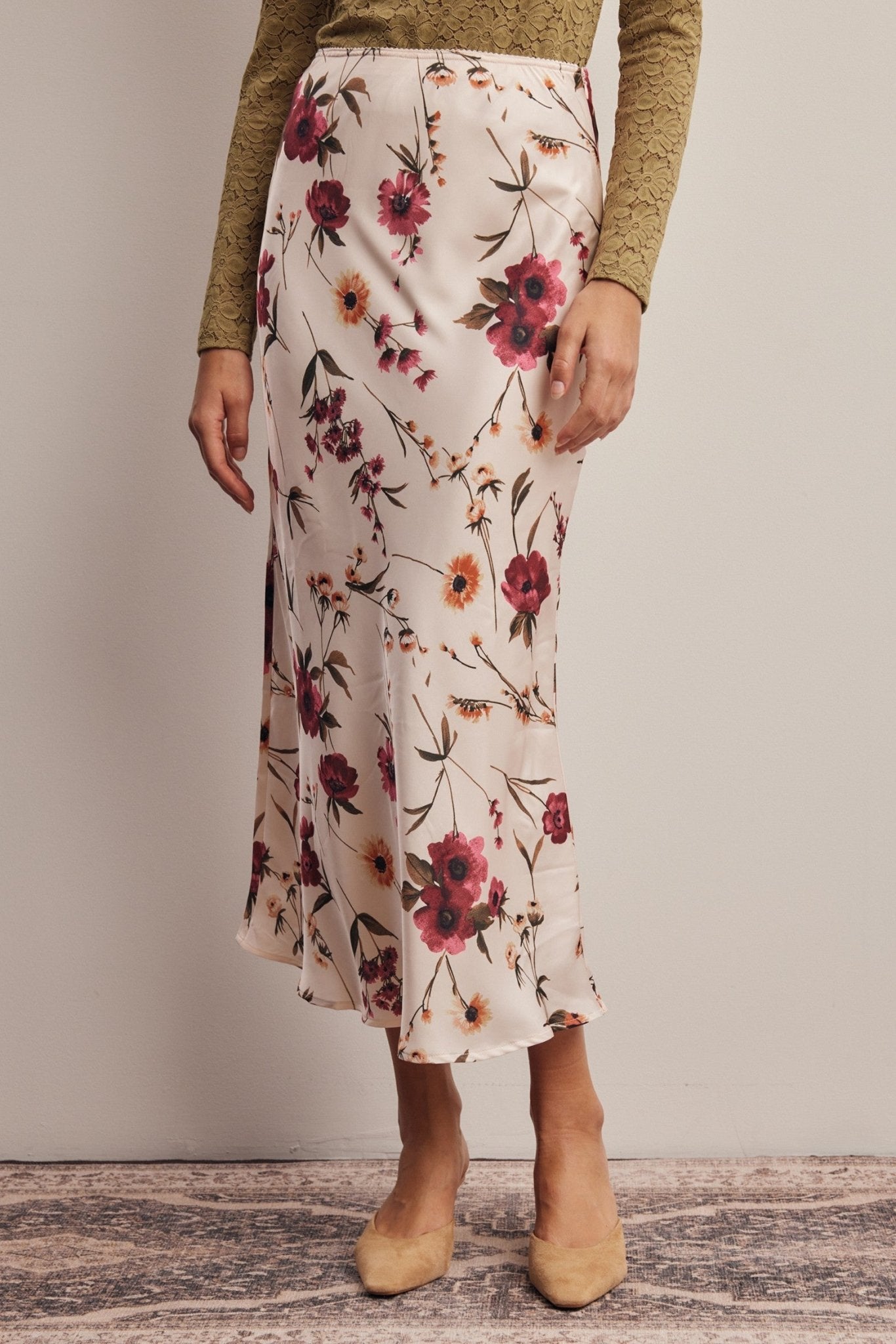 Evensong Floral Satin Midi Skirt - Westly