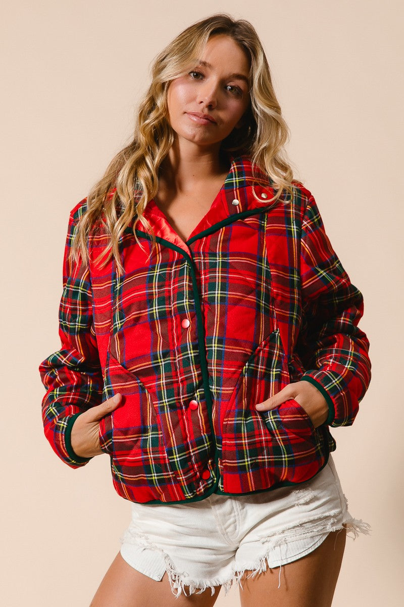 Evergreen Evening Quilted Plaid Jacket - Red Multi