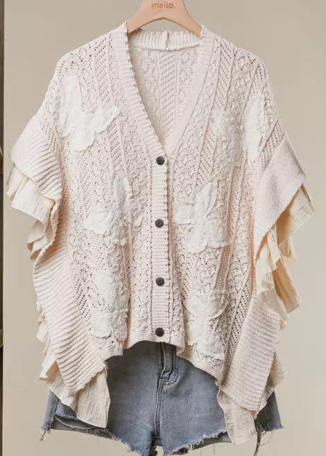 Everly Butterfly Patch Ruffle Sleeve Lace Knit Cardigan - Westly
