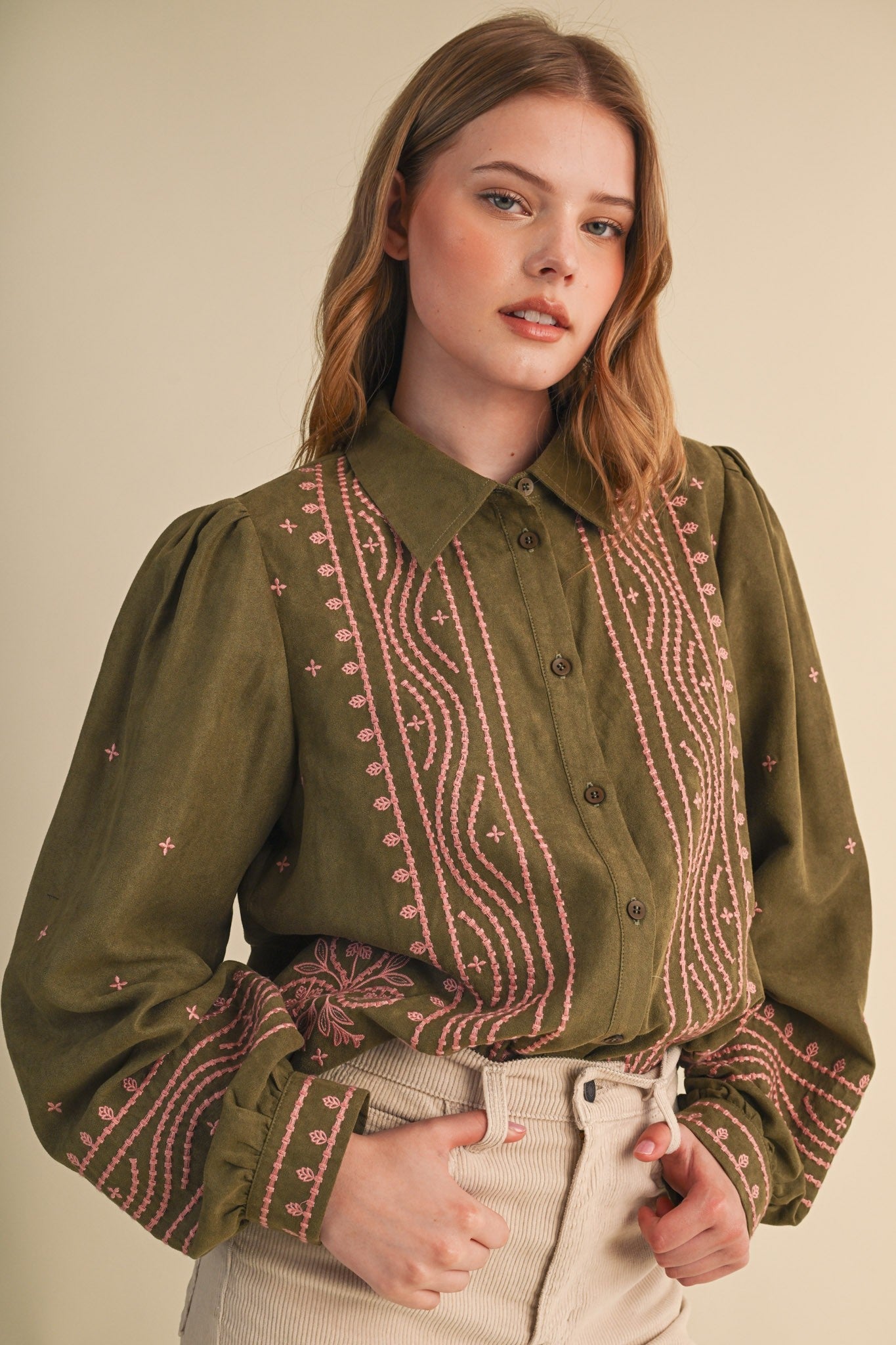 Fable Stitch Embroidered Faux Suede Shirt - Westly