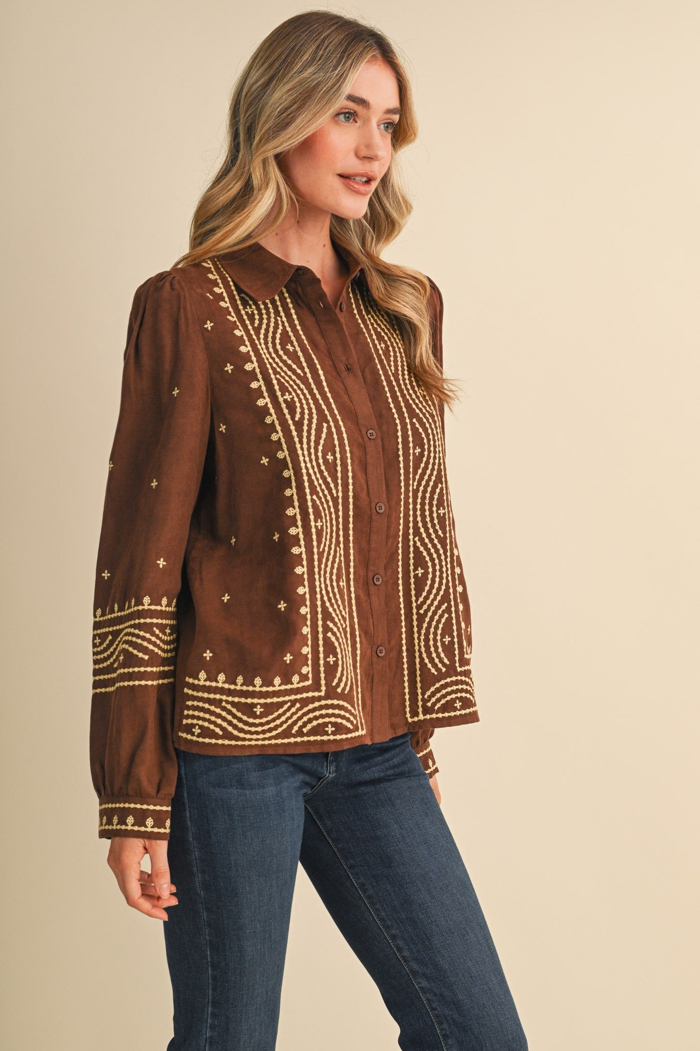 Fable Stitch Embroidered Faux Suede Shirt - Westly
