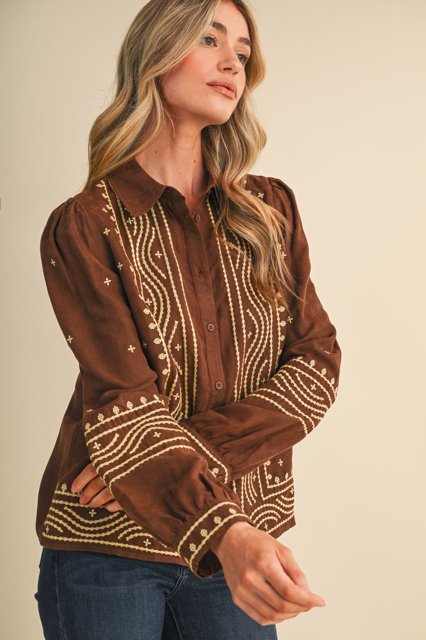 Fable Stitch Embroidered Faux Suede Shirt - Westly