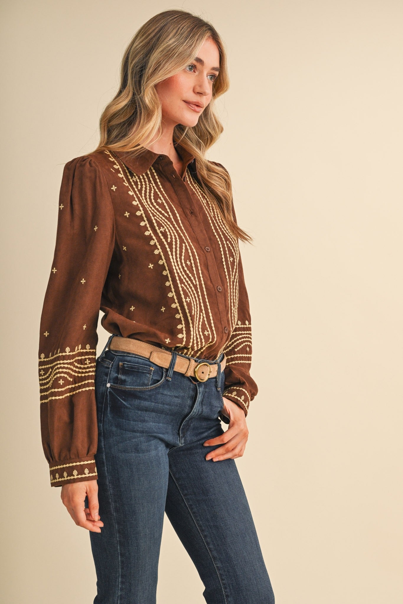 Fable Stitch Embroidered Faux Suede Shirt - Westly