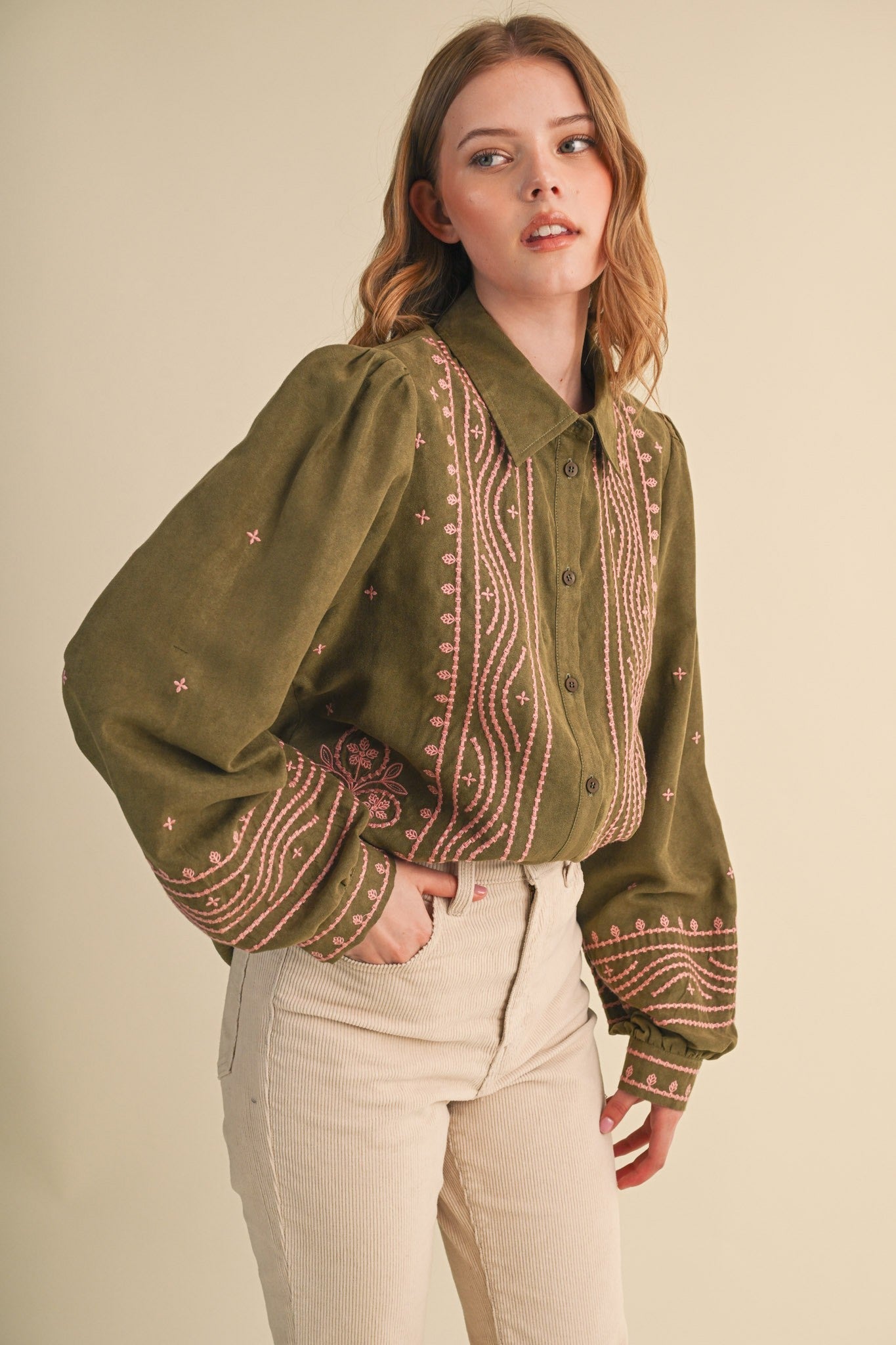 Fable Stitch Embroidered Faux Suede Shirt - Westly